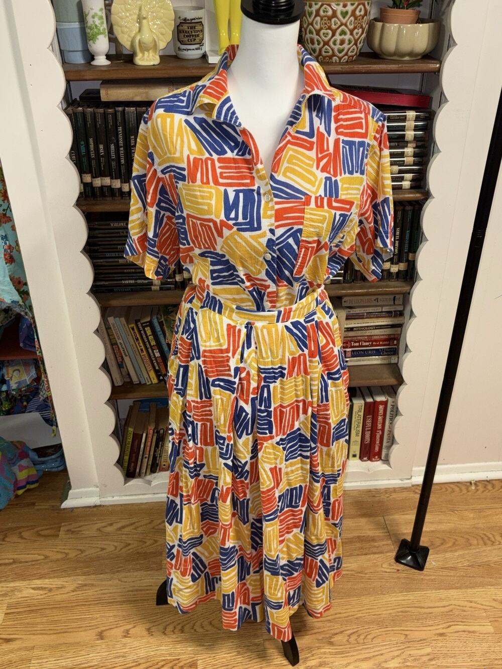 Vintage Christian Dior Chemises Shirt Skirt Set Size 10 Abstract 80s Outfit